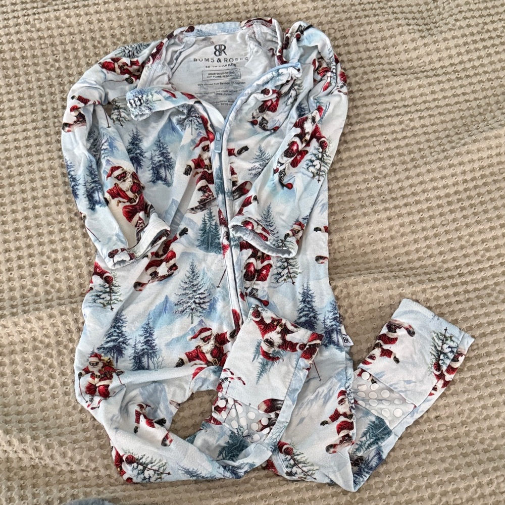 Bums & Roo Kids Light Blue Santa Print Footie One-Piece